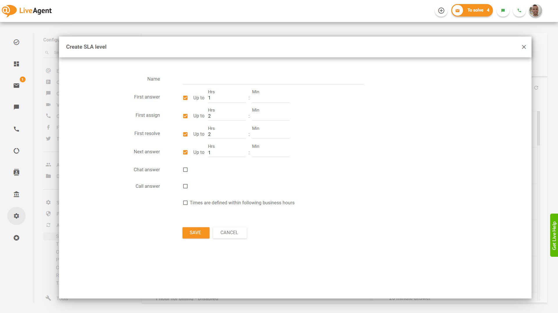 Criar nível de SLA no LiveAgent