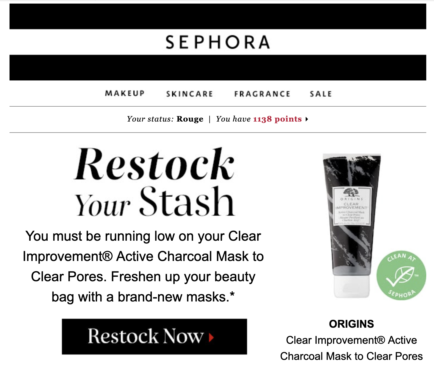 Modelo de email de reabastecimento da Sephora