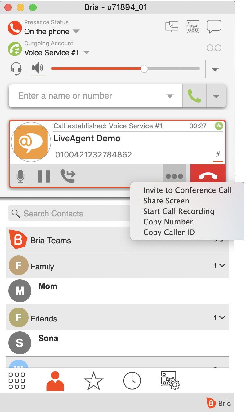 Interface de chamada do softphone Bria