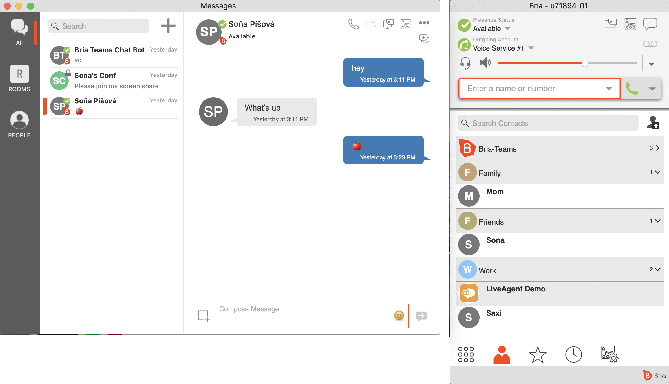 Mensagens em equipe do softphone Bria