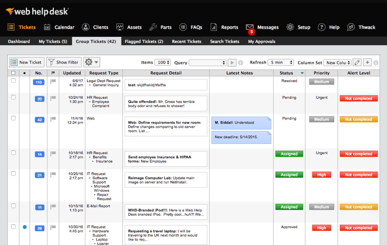 Os tickets do SolarWinds Service Desk