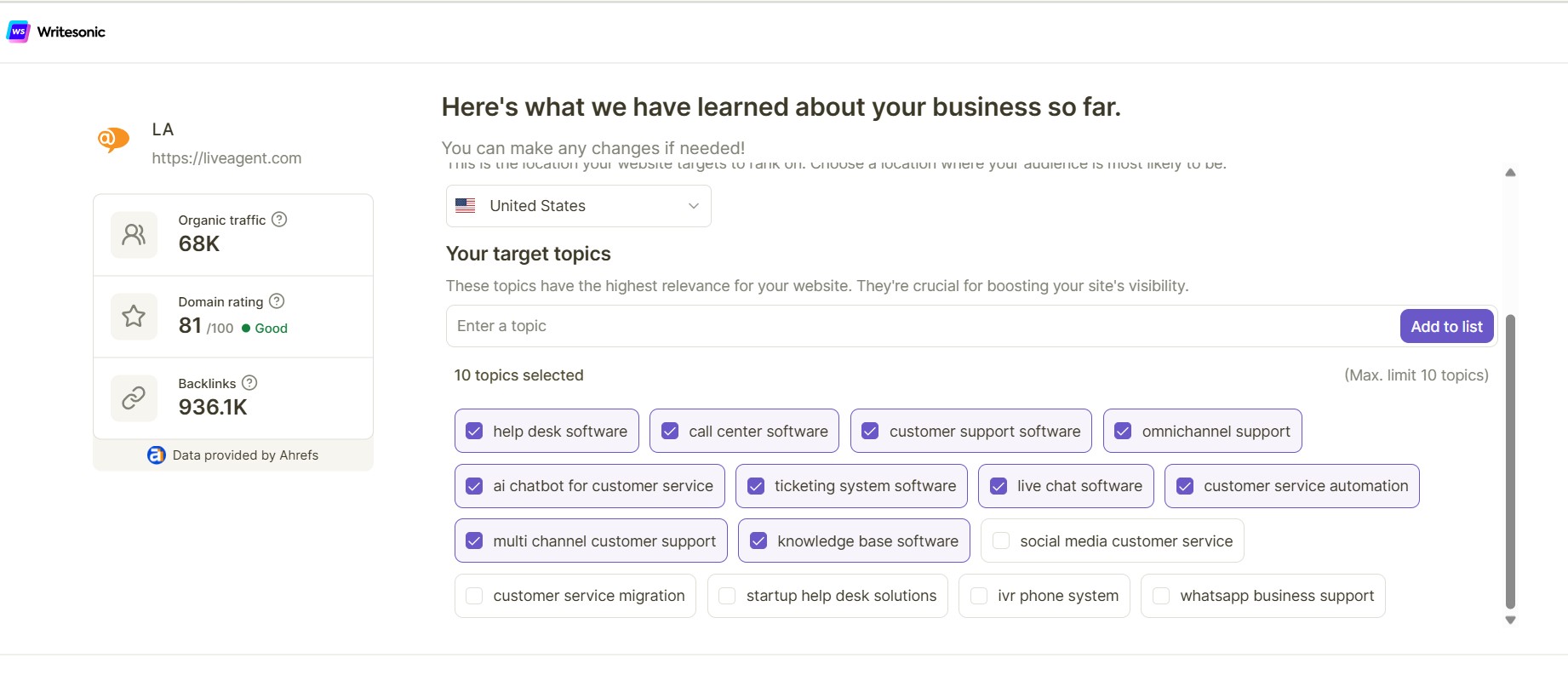 Visão geral da auditoria SEO do site Writesonic