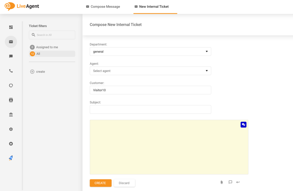 Uma imagem mostrando o nome antigo do campo Agent, que foi substituído por Assign agent na nova atualização do LiveAgent