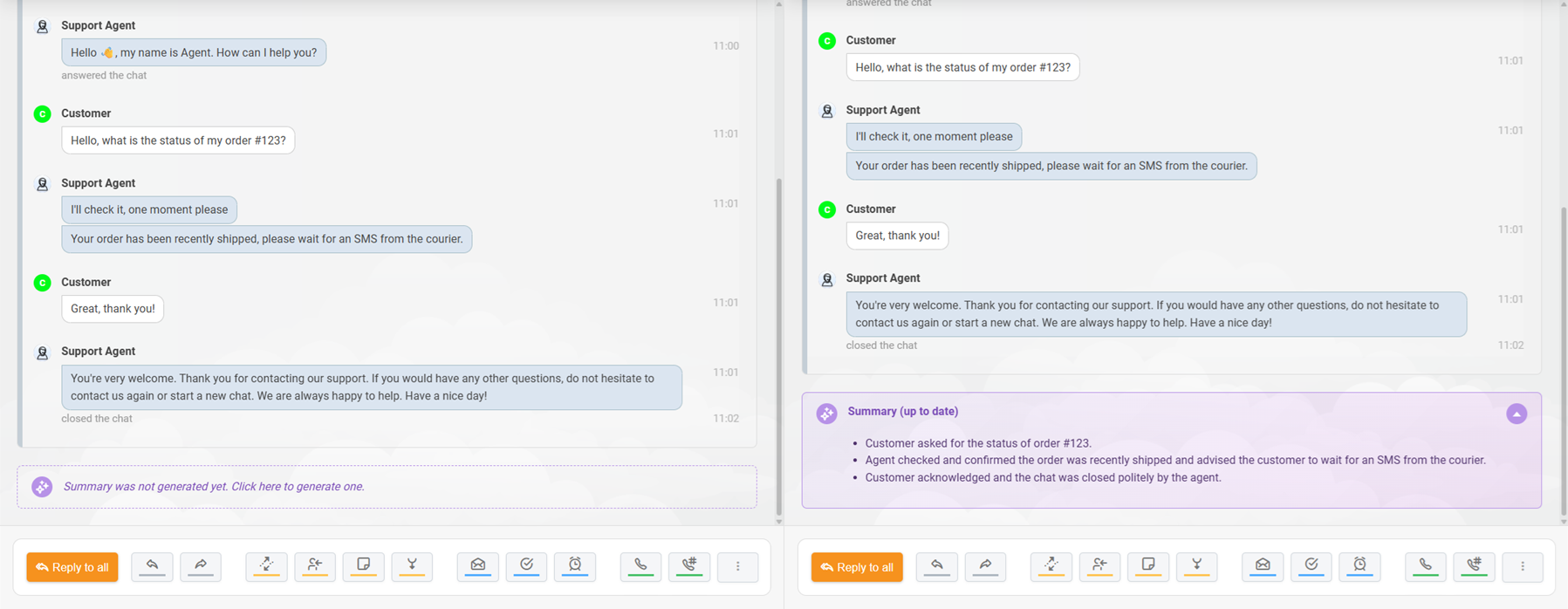 Resumo de ticket com IA do LiveAgent gerado para uma conversa de chat