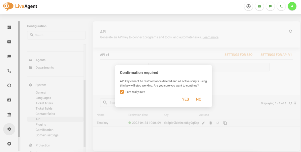 Confirmação de remoção de API v3 com uma caixa de seleção