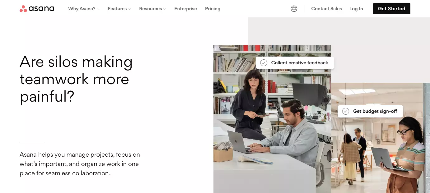 Página inicial do Asana - melhore a eficiência em sua organização melhorando a colaboração em equipe, organizando o trabalho e mantendo a transparência.