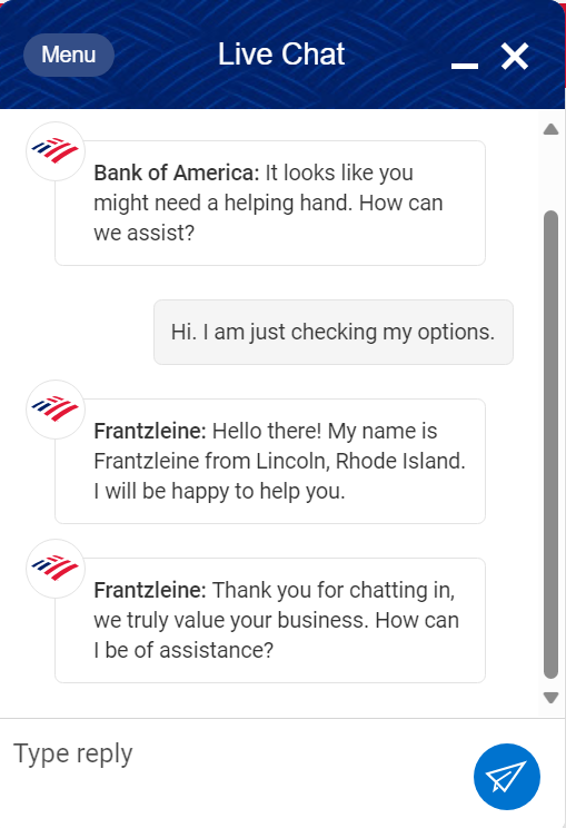 Exemplo de chat ao vivo do Bank of America