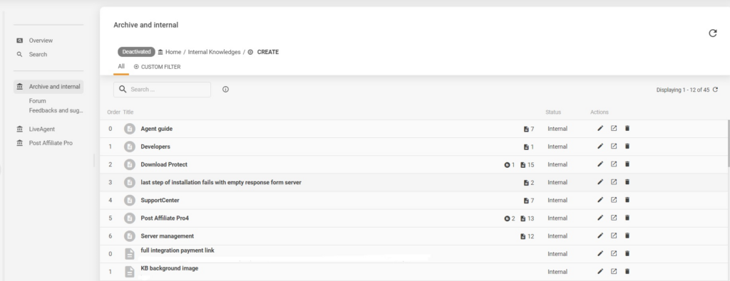 Exemplo de base de conhecimento interna do LiveAgent