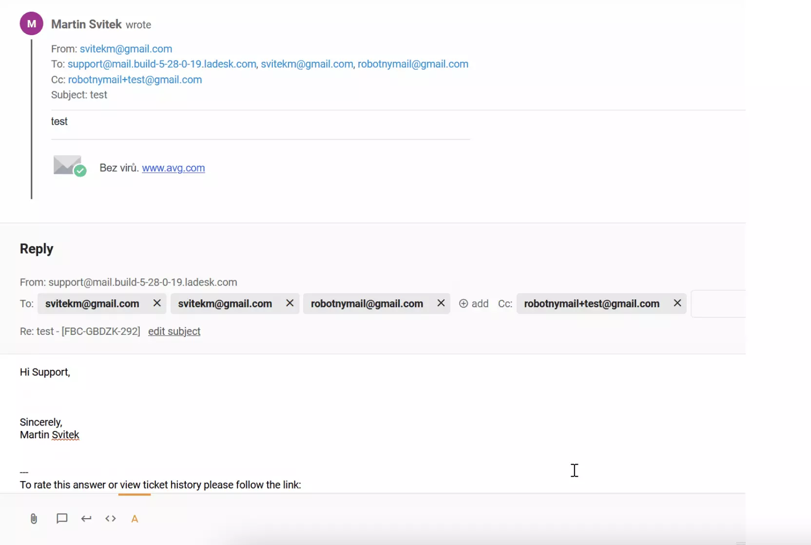 Um bug com destinatário duplicado em cc em tickets do LiveAgent