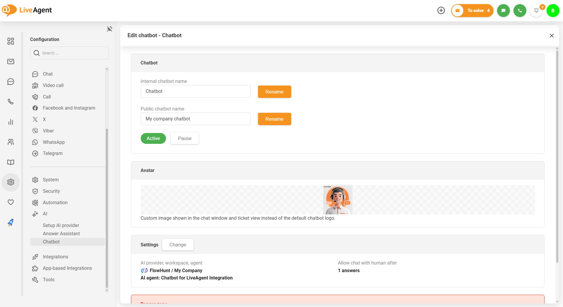 Chatbot com IA do LiveAgent com carregamento de avatar personalizado