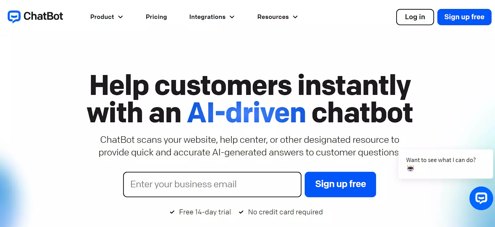 Captura de tela da página inicial do ChatBot - forneça respostas geradas por IA com seu poderoso chatbot