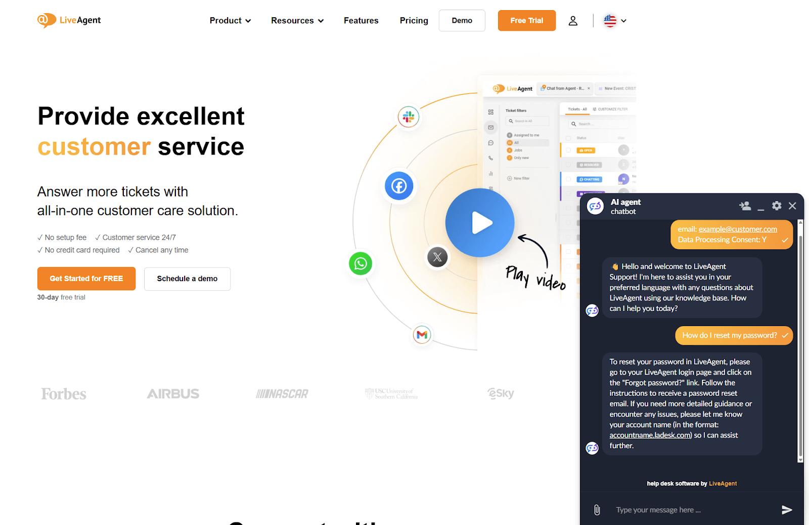 Captura de tela de conversa de suporte ao cliente com Chatbot de IA LiveAgent