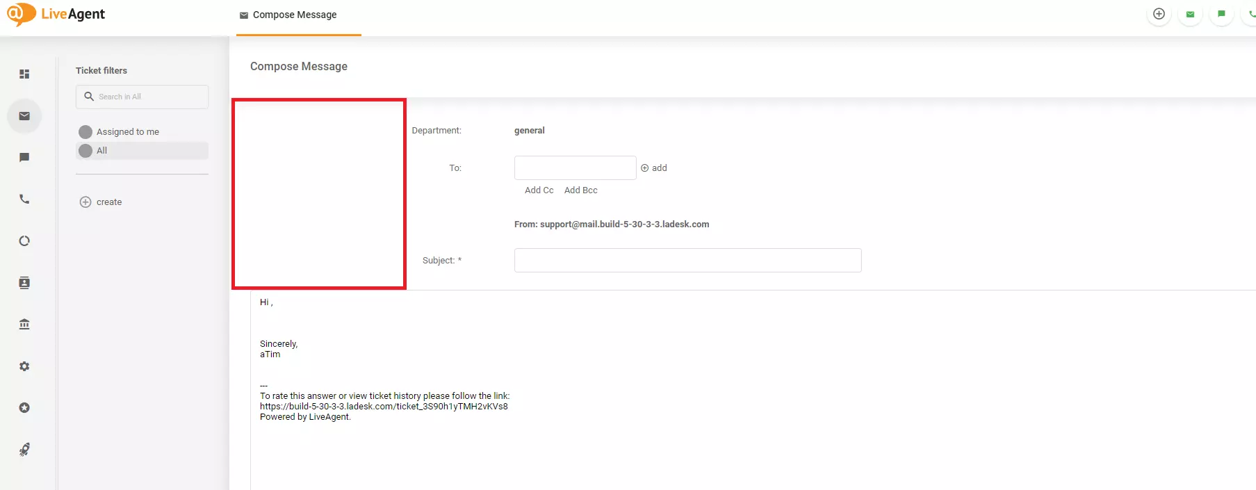 Uma imagem mostrando um problema de design na tela Compor mensagem no LiveAgent
