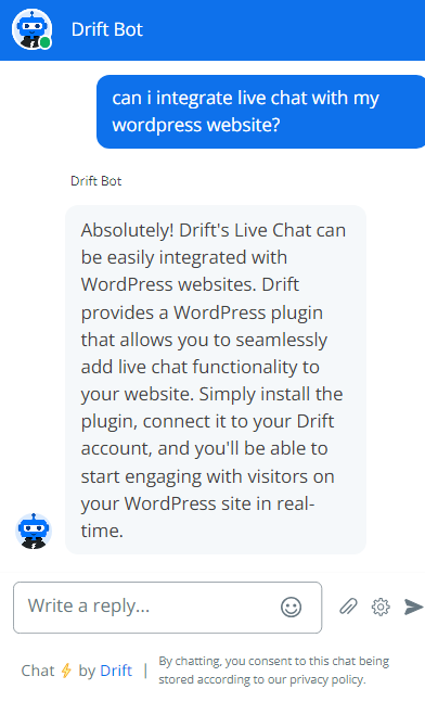 Imagem do chatbot do Drift tendo conversa com um cliente através de sua ferramenta de chat ao vivo