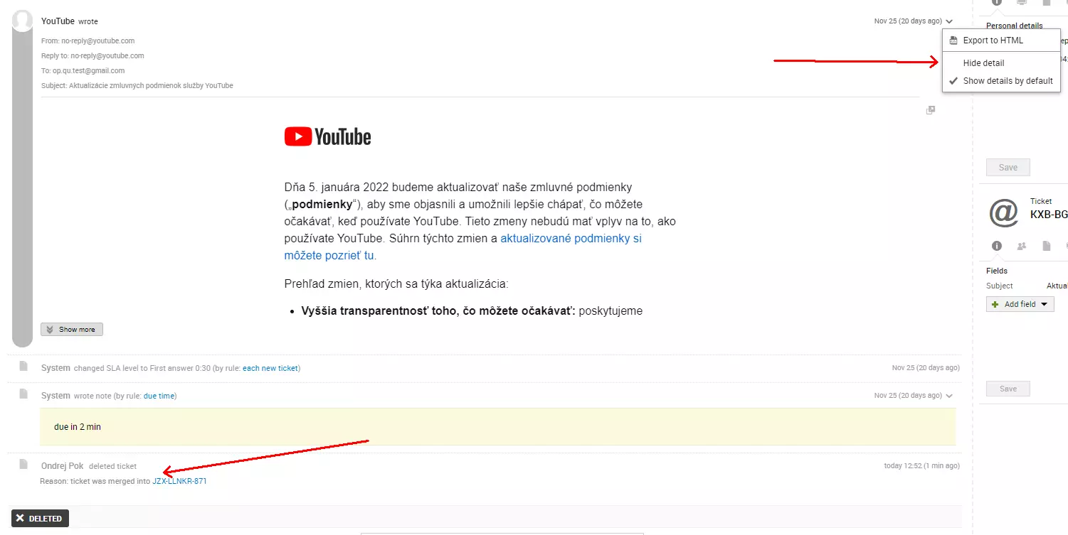 Uma imagem mostrando um erro de fonte de email após mesclar dois tickets, um problema presente em versões anteriores do LiveAgent