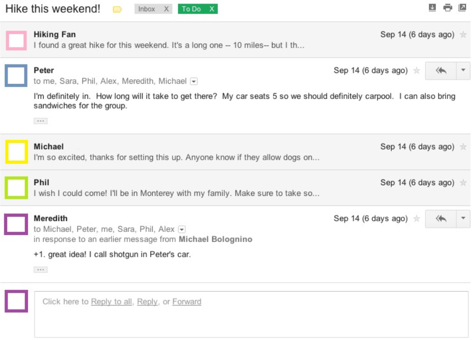 Um exemplo de thread de email organizado