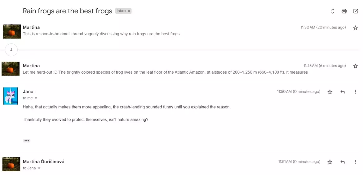Um thread de email consistindo em várias mensagens discutindo o mesmo assunto.