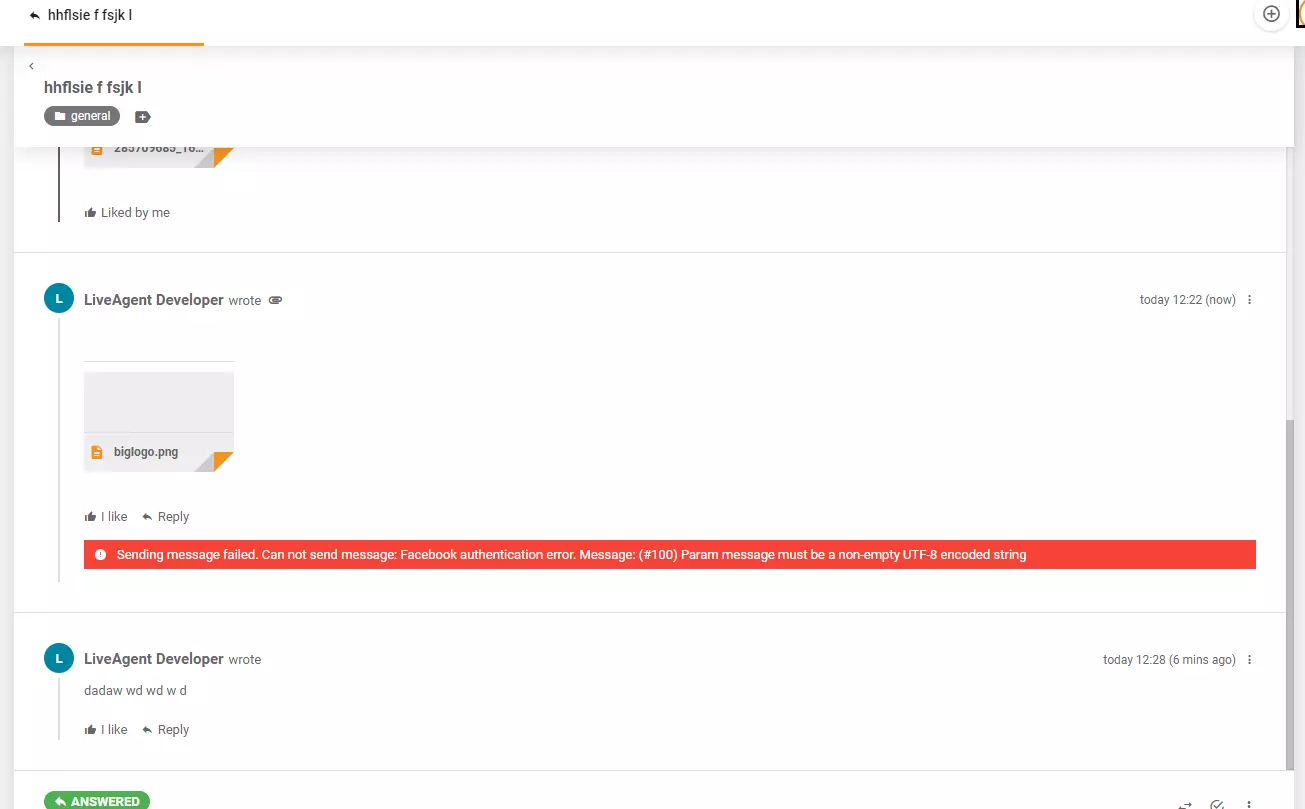 Mensagem de erro exibida ao postar imagem no Facebook via LiveAgent