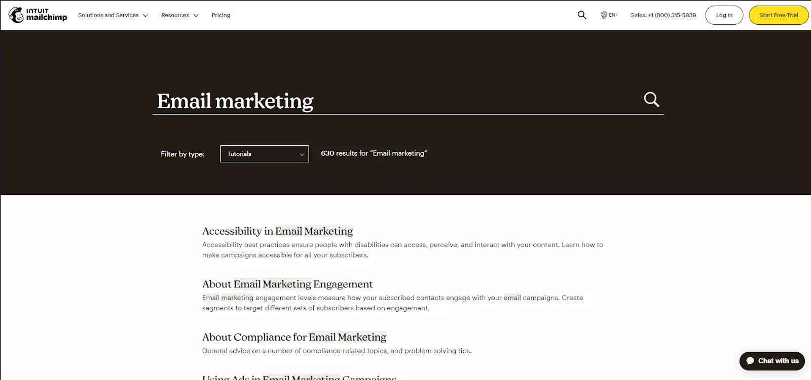 Exemplo de função de pesquisa na knowledge base do MailChimp