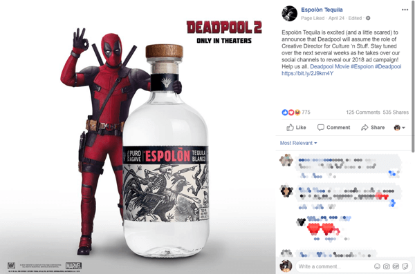 Anúncio de parceria de marca de tequila com filme Deadpool 2 no Facebook