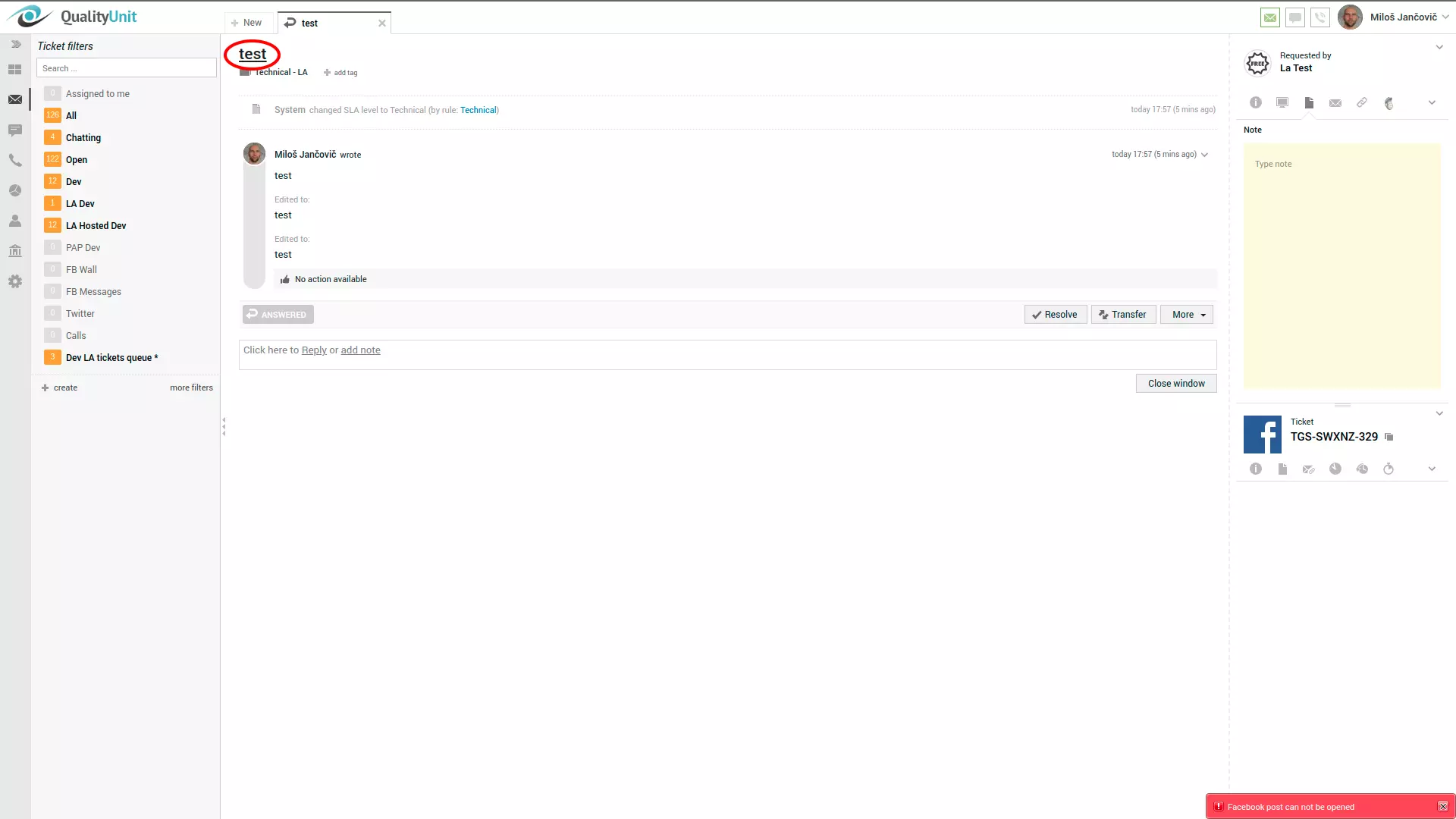 Erro de post no Facebook no canto direito da interface do usuário do LiveAgent