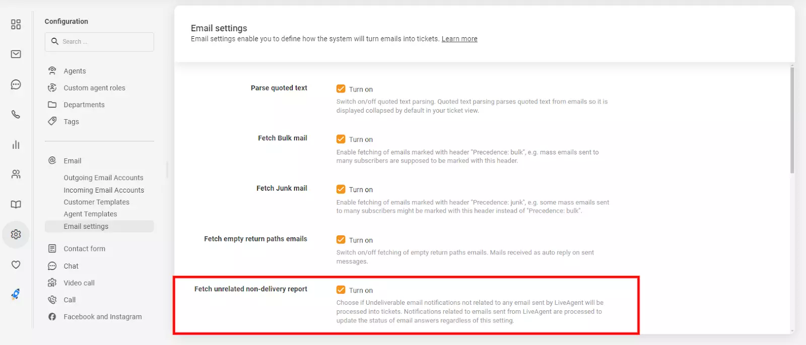 Configurações de email no LiveAgent mostrando a opção 'buscar relatório de não entrega não relacionado'