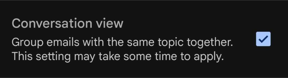 Uma caixa de seleção para ativar e desativar a visualização de conversa no aplicativo Gmail