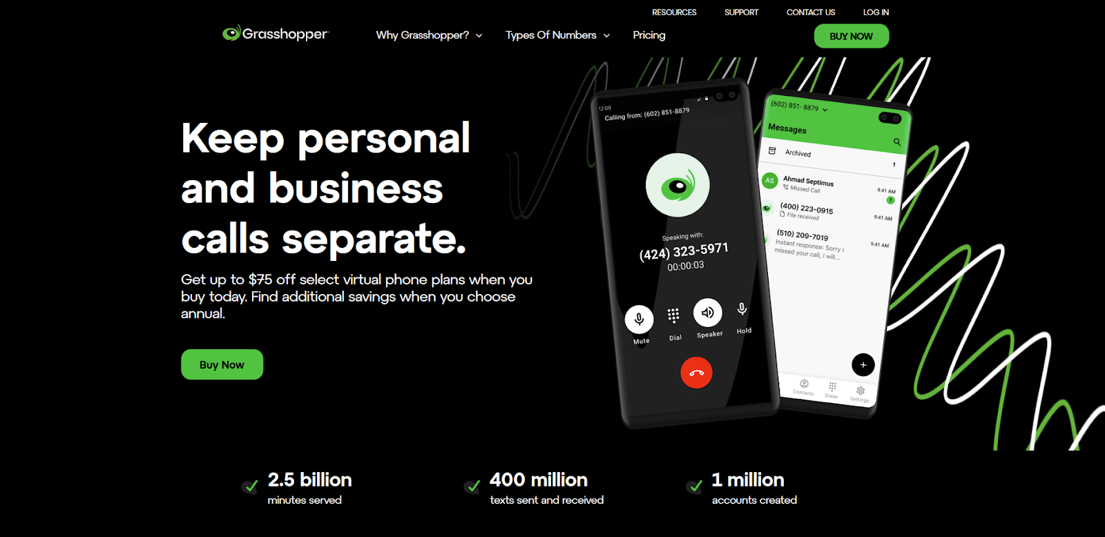 Homepage do sistema de telefone virtual Grasshopper