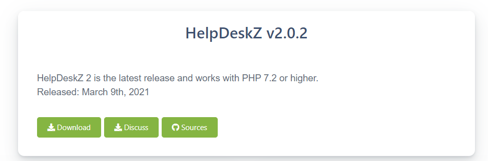 Um exemplo da página de download de um sistema de ticketing de código aberto com o botão de download, discussão e fontes