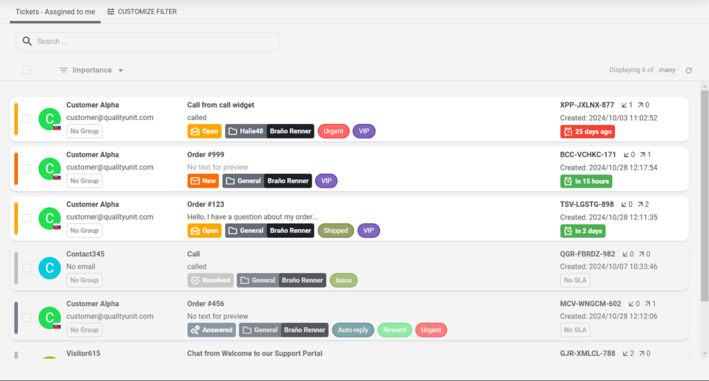 Tela de gerenciamento de tickets com detalhes de ticket do cliente mostrando visualização responsiva de tickets.