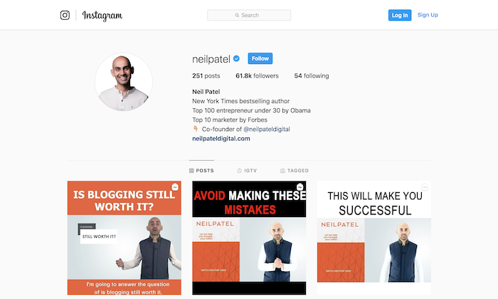 Neil Patel compartilhando expertise em marketing digital no Instagram