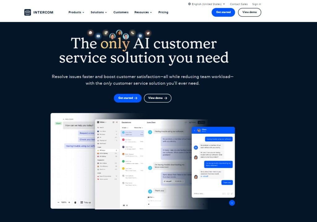 Homepage do Intercom, uma alternativa ao Help Scout para software help desk