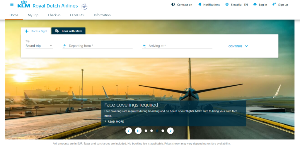 Homepage da KLM Royal Dutch Airlines