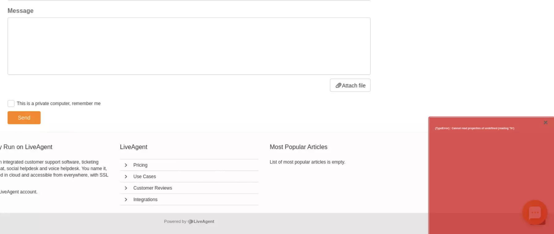 Uma imagem mostrando o problema com o envio de tickets da base de conhecimento em versões anteriores do LiveAgent