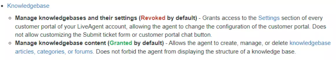 Imagem mostrando exemplos de diferentes permissões que os usuários podem ter em relação à sua base de conhecimento