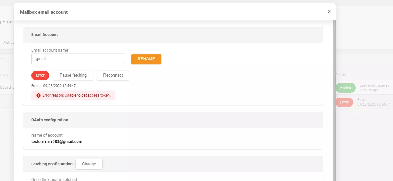 LiveAgent - Mensagem de erro removida após adicionar conta de email de entrada do Gmail