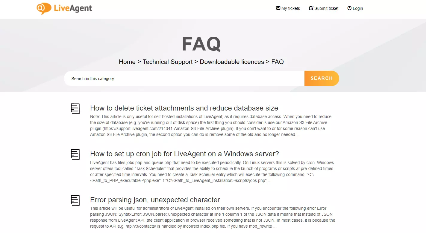 Página de FAQ da knowledge base do LiveAgent
