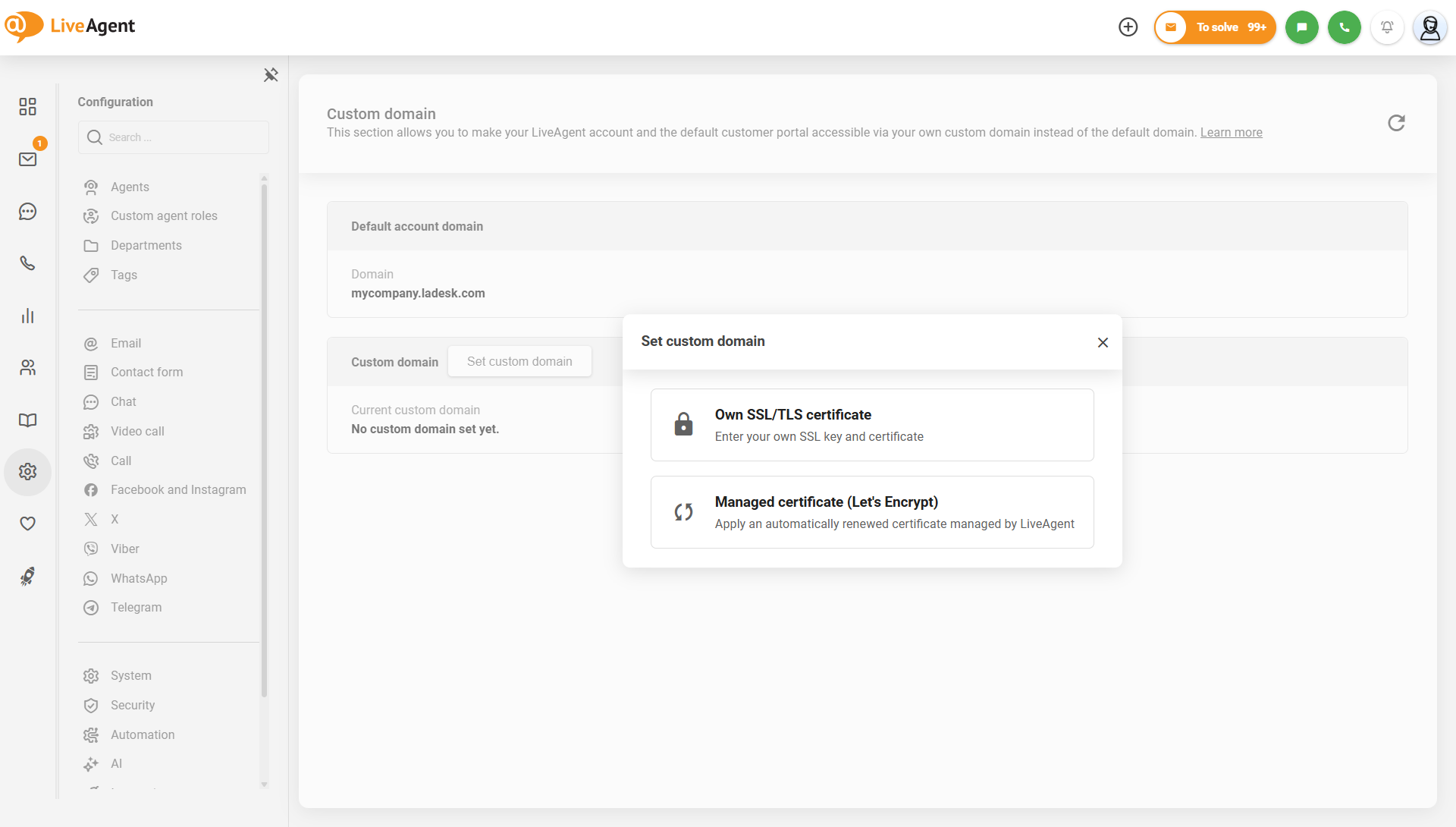 Configurações de domínio personalizado do LiveAgent com opção de certificado gerenciado pelo Let's Encrypt