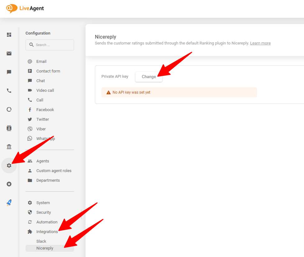 A imagem mostra onde colocar a chave de API gerada em sua conta LiveAgent