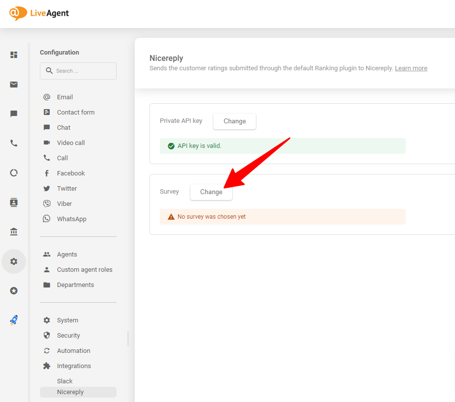 Escolha a pesquisa Nicereply que você deseja após colar a chave de API em seu LiveAgent