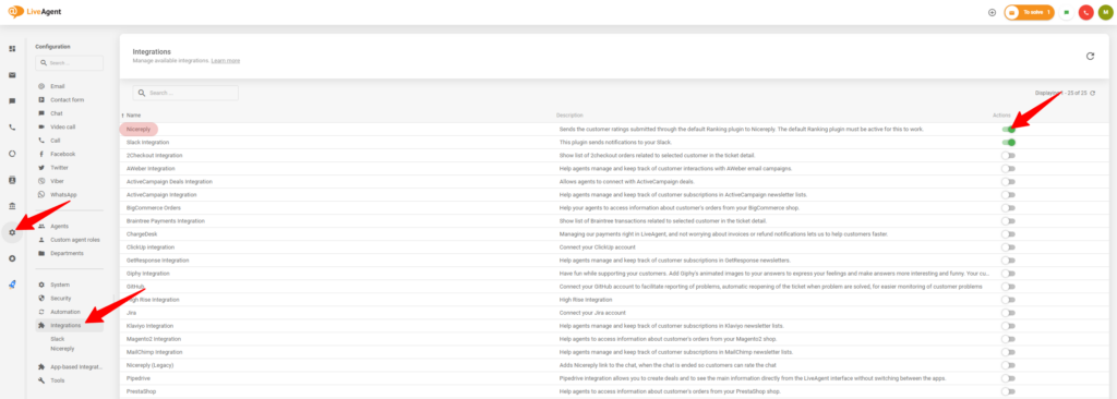 O processo de ativação da integração com Nicereply nas configurações do LiveAgent
