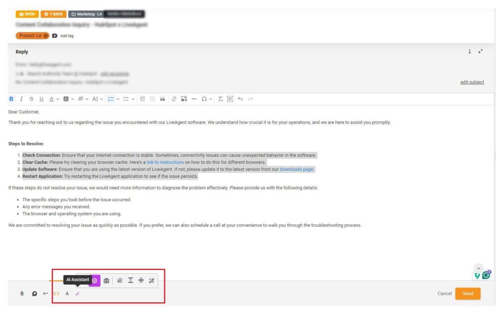 Assistente de resposta com IA do LiveAgent