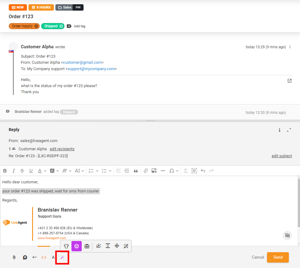 Captura de tela do botão Assistente de Resposta com IA na visualização de chat