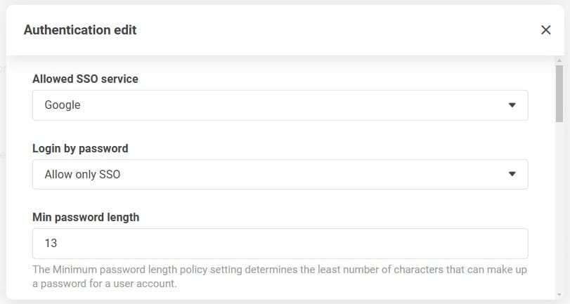 Tela de configurações de autenticação mostrando opção para permitir apenas SSO na seção de login por senha