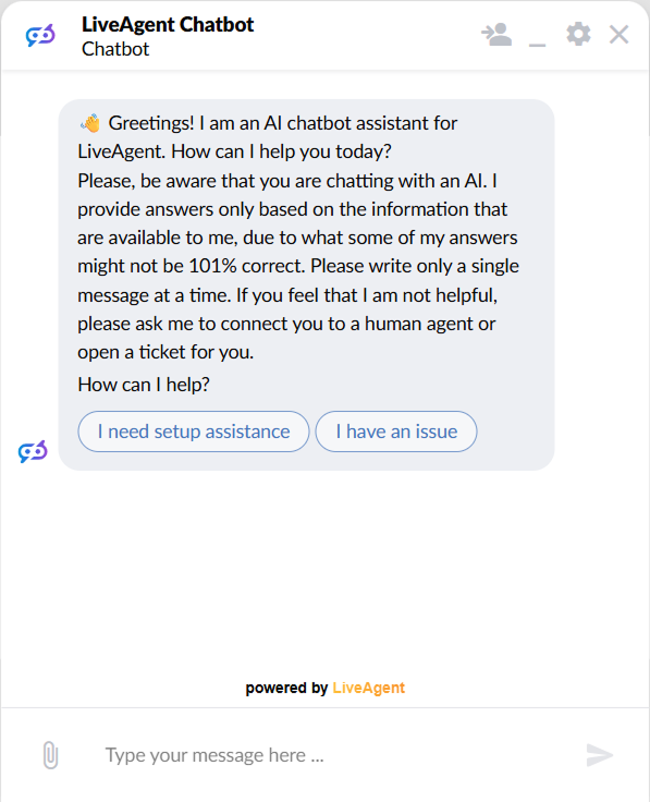 Janela de chat do LiveAgent mostrando um chatbot de IA com saudação e dois botões de resposta clicáveis para ajuda com configuração e relatar um problema