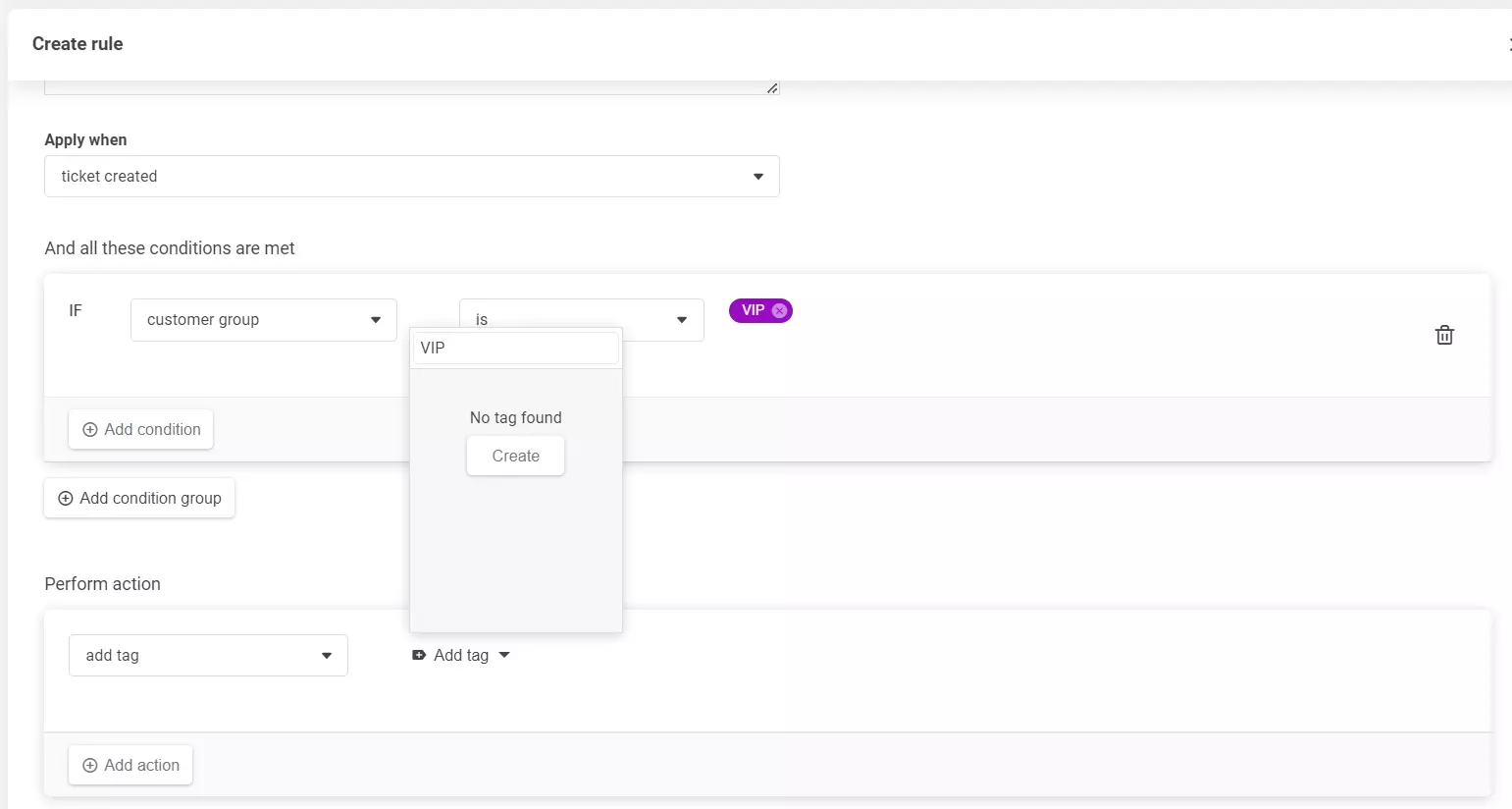 Uma captura de tela da seção criar regra, mostrando como adicionar uma nova tag.