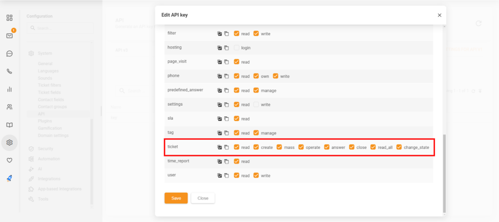 A seção Editar chave de API no LiveAgent mostrando as novas permissões 'close' e 'change_state'