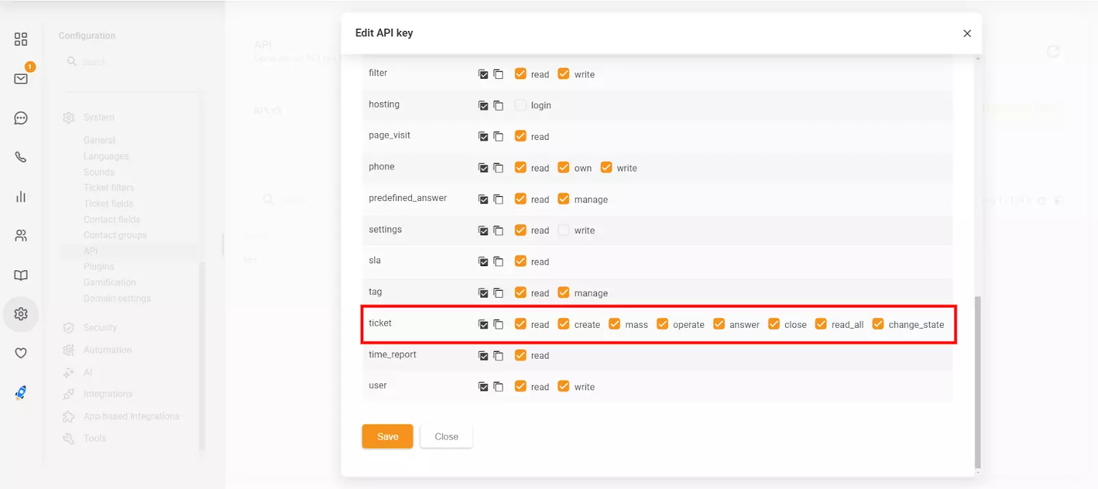 A seção Editar chave de API no LiveAgent mostrando as novas permissões 'close' e 'change_state'