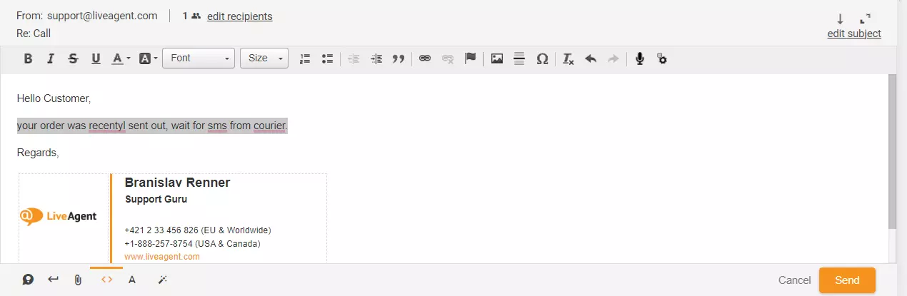 Imagem mostrando resposta destacada a ticket no LiveAgent