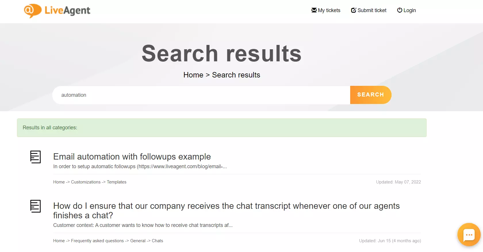 Recurso de busca da base de conhecimento LiveAgent